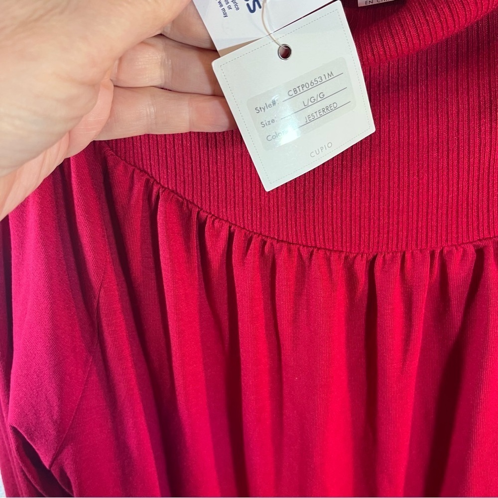 Cupio Blush Jester Red Puff Sleeve L Gathered Yoke Ribbed Mick Women’s top NWT - Picture 5 of 10